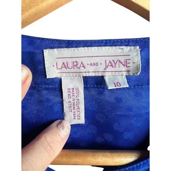 Vtg Laura and Jayne Blue Polka Dot Pleated Satin Long Sleeve Career Blouse Sz 10 - Picture 3 of 8
